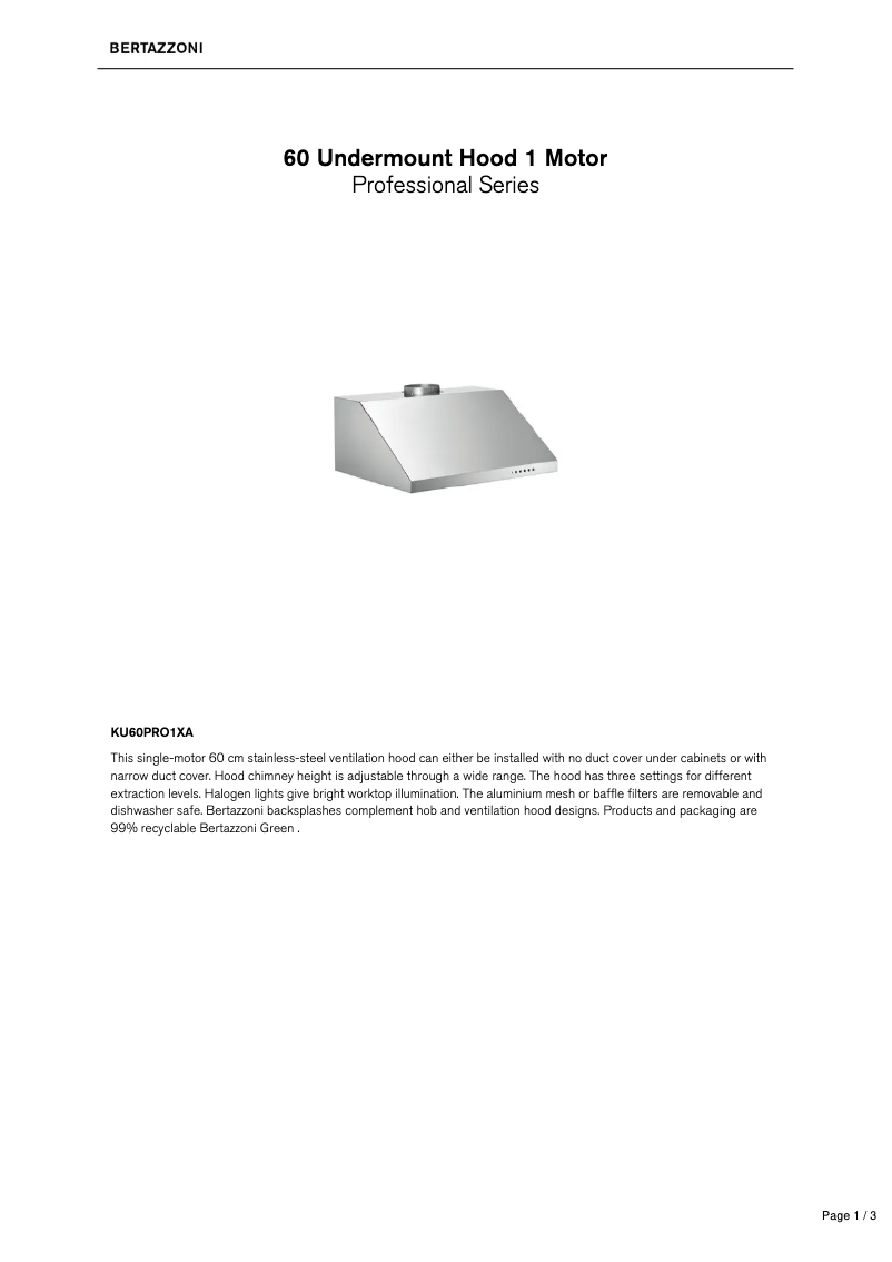 Page 1 de la notice Fiche technique Bertazzoni KU60PRO1XA