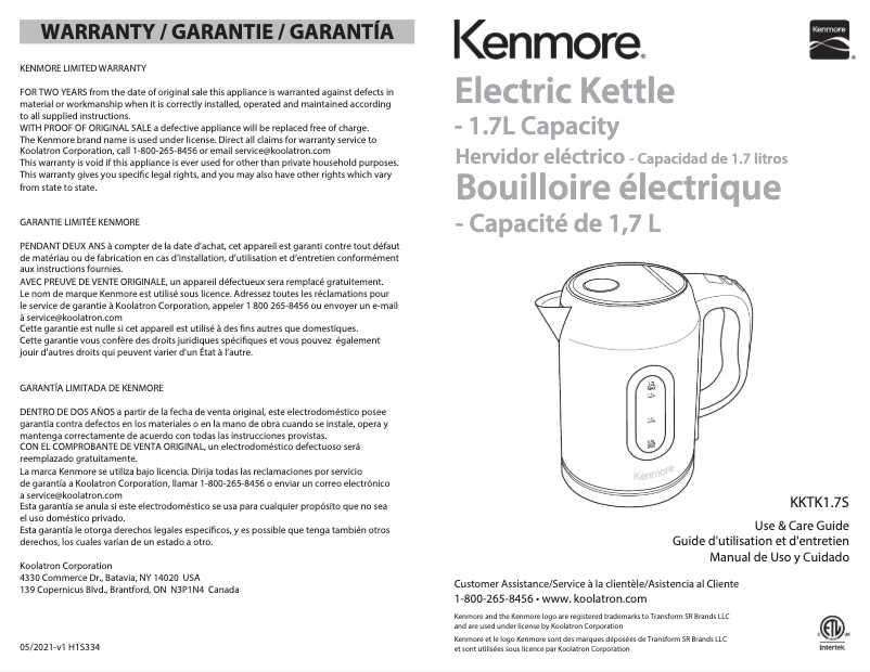 Page 1 de la notice Manuel utilisateur Kenmore KKTK1.7S