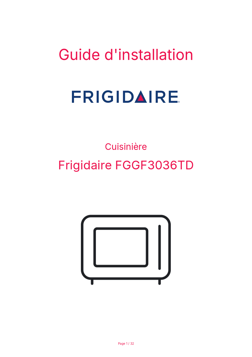 Page n°1 - Guide d'installation Frigidaire FGGF3036TD