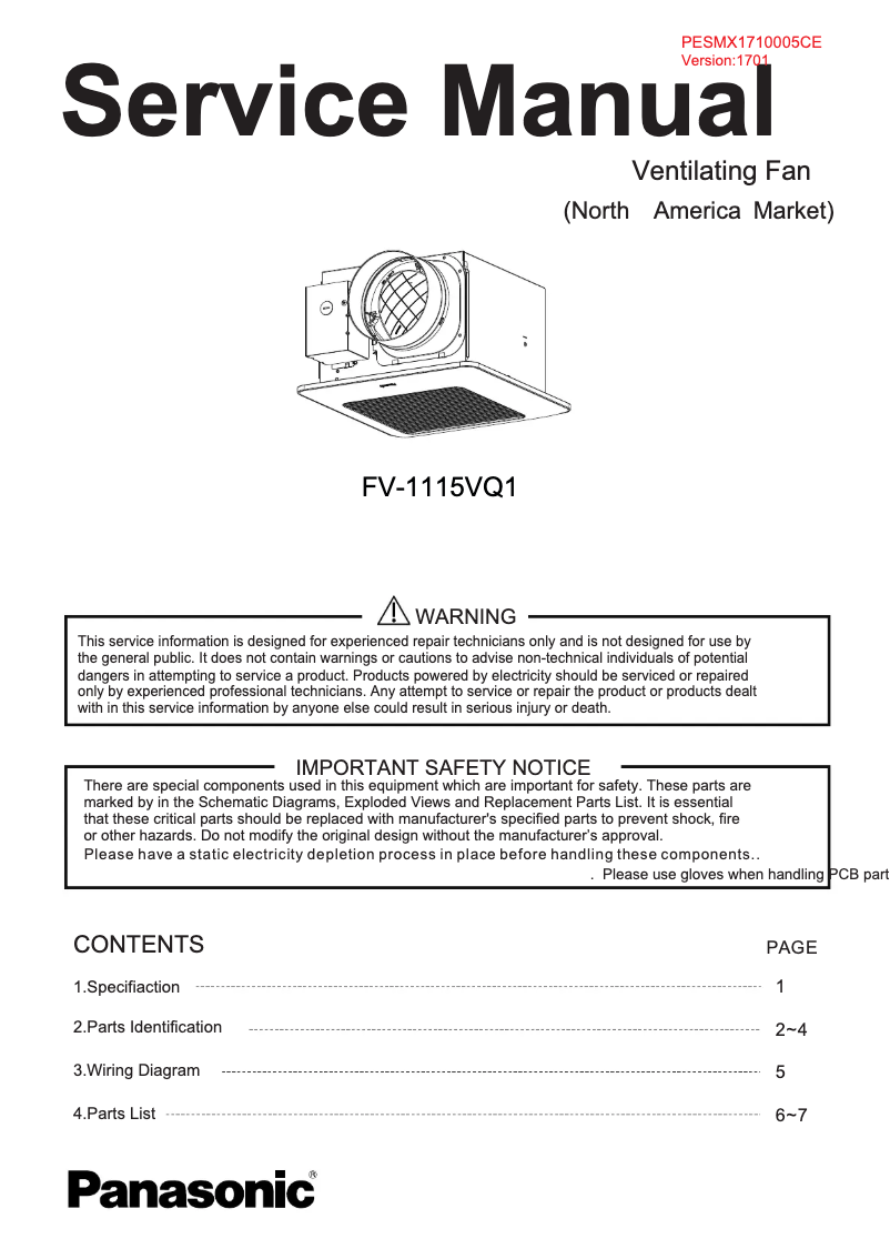 Page 1 de la notice Manuel utilisateur Panasonic FV-1115VQ1