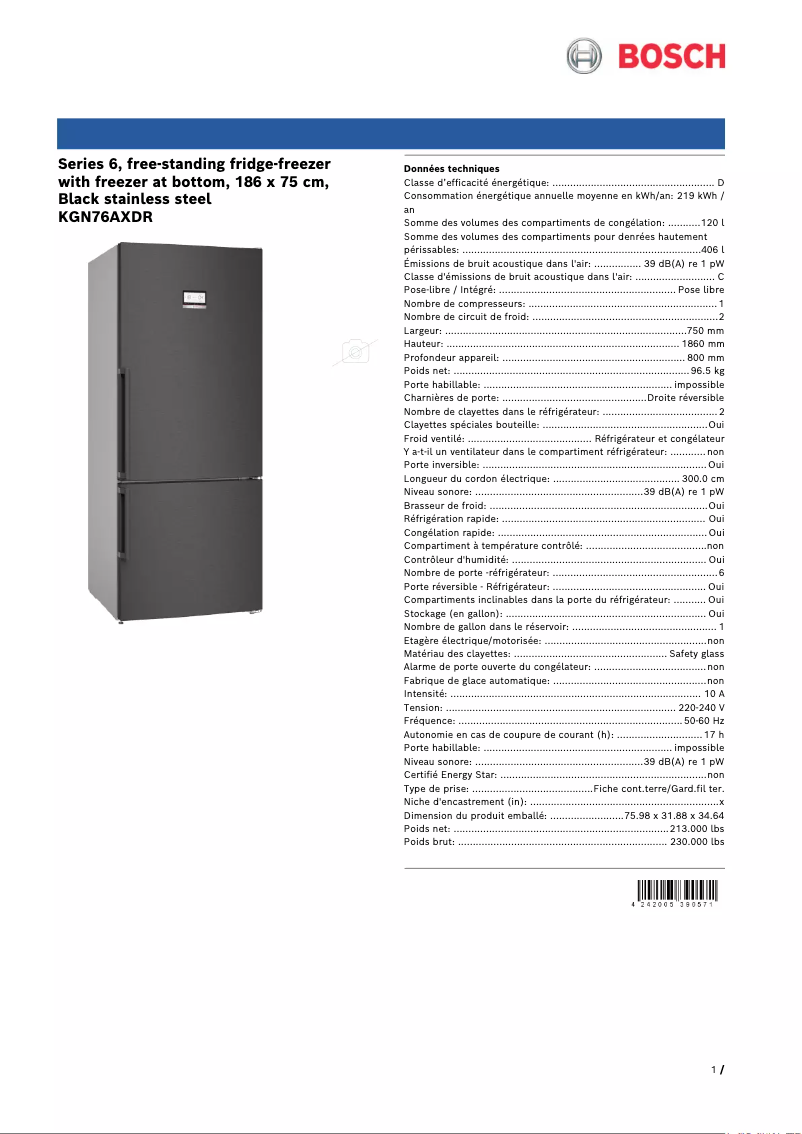 Page n°1 - Fiche technique Bosch KGN76AXDR
