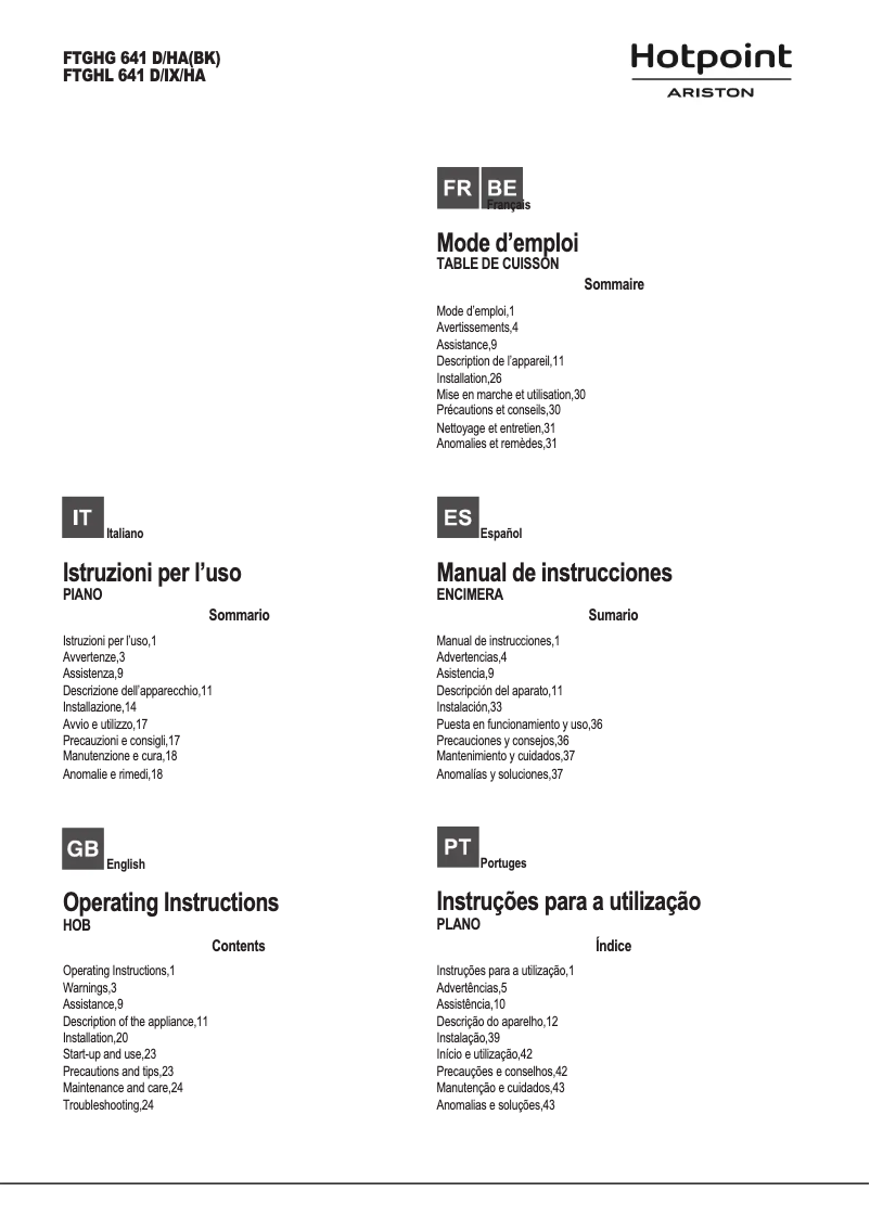 Page 1 de la notice Manuel utilisateur Hotpoint Ariston FTGHG 641 D/HA(BK)