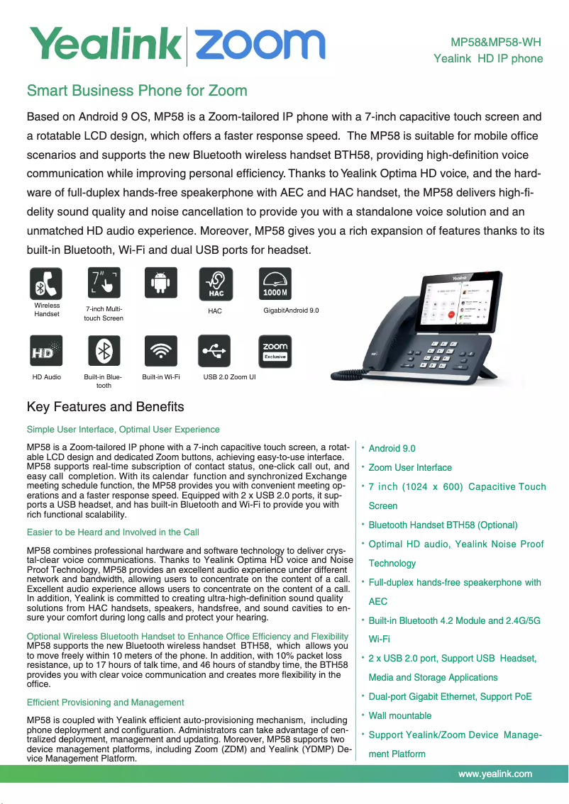 Page 1 de la notice Fiche technique Yealink Zoom MP58