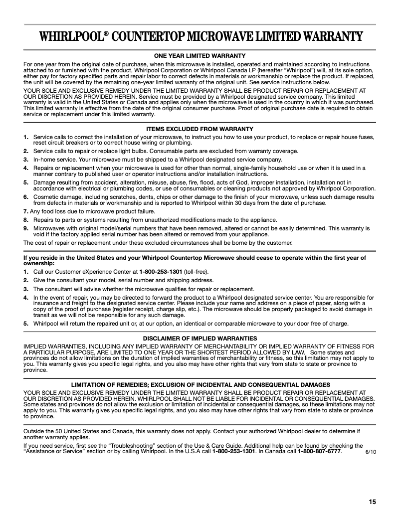 Page 1 de la notice Informations de garantie Whirlpool WMC20005YB