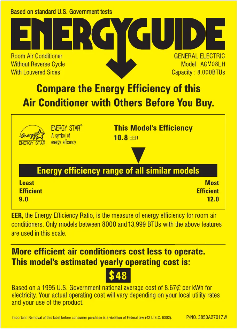 Page 1 de la notice Label énergétique GE AGM08LH