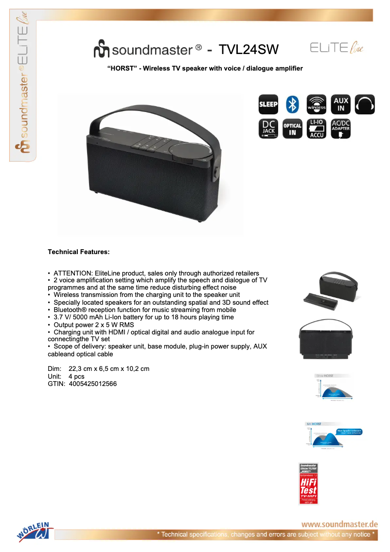 Page 1 de la notice Fiche technique Soundmaster Horst