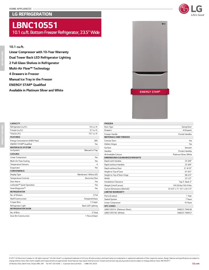 Page 1 de la notice Fiche technique LG LBNC10551W