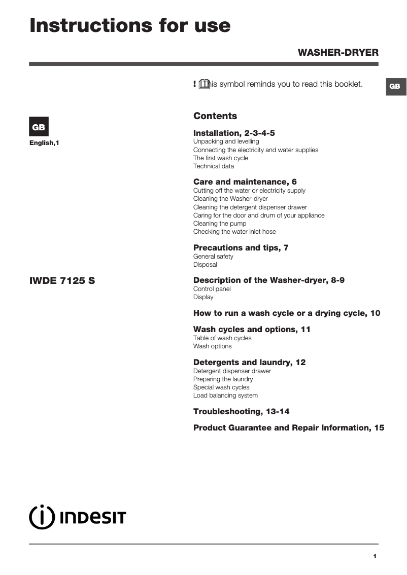 Page n°1 - Instructions / montage Indesit IWDE 7125 S (UK)