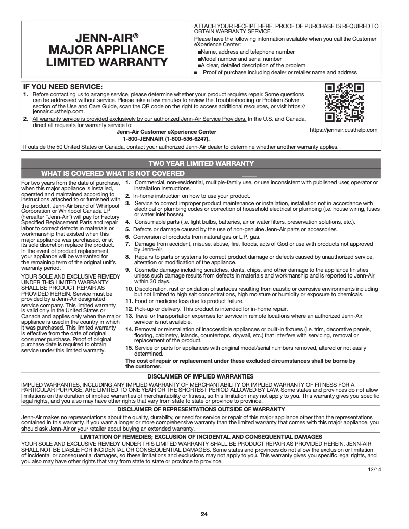 Página 1 del manual Información de garantía JennAir JDS1750EB