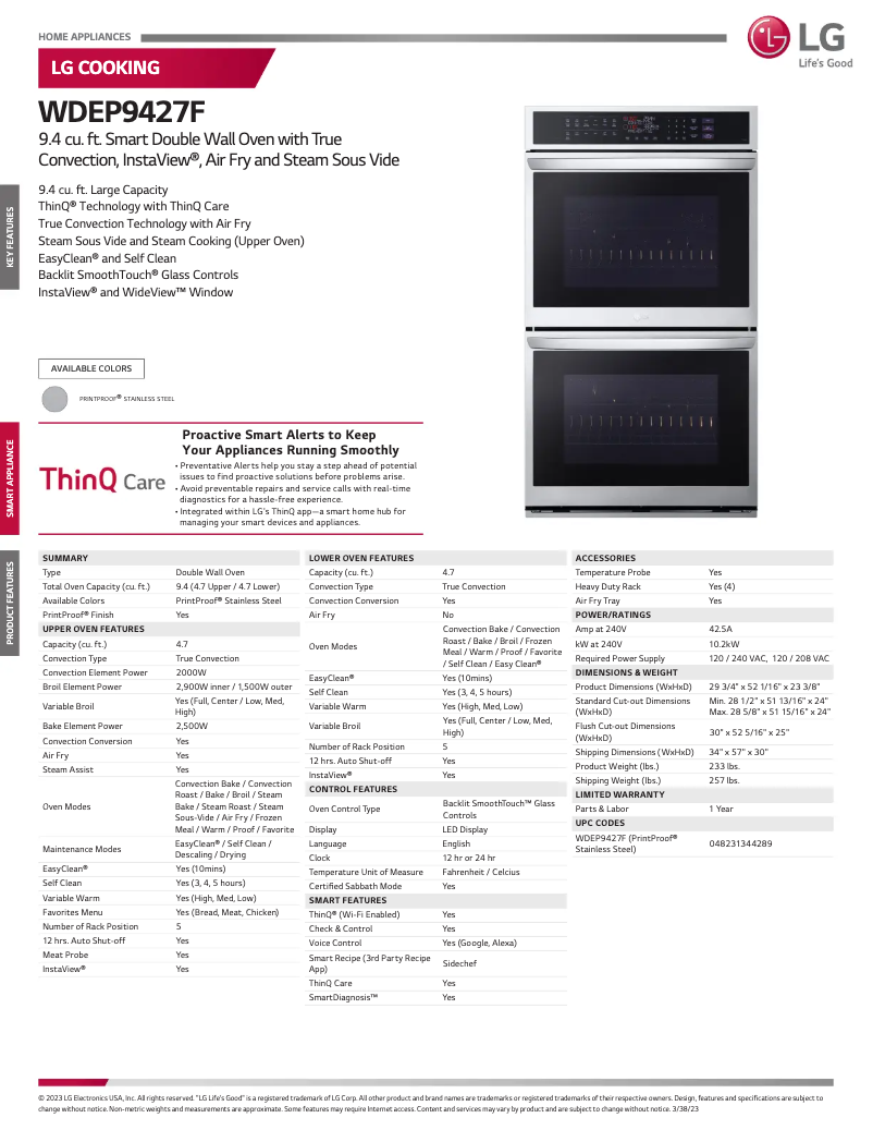Page n°1 - Fiche technique LG WDEP9427F