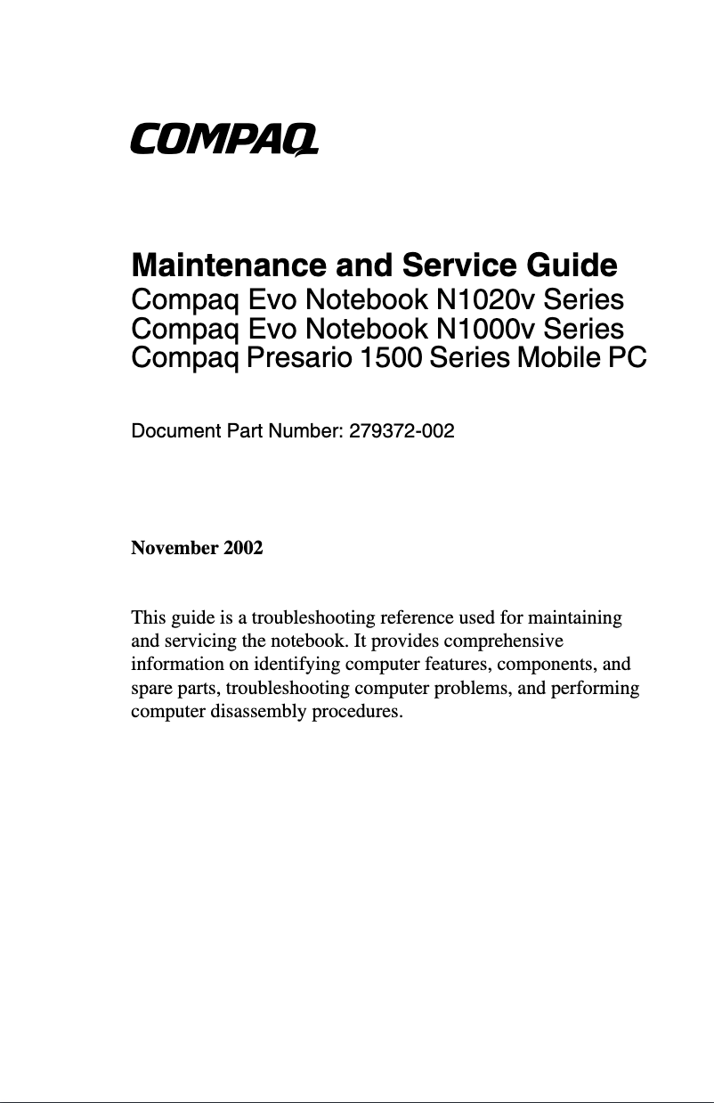 Page 1 de la notice Manuel utilisateur HP Compaq Evo N1000v