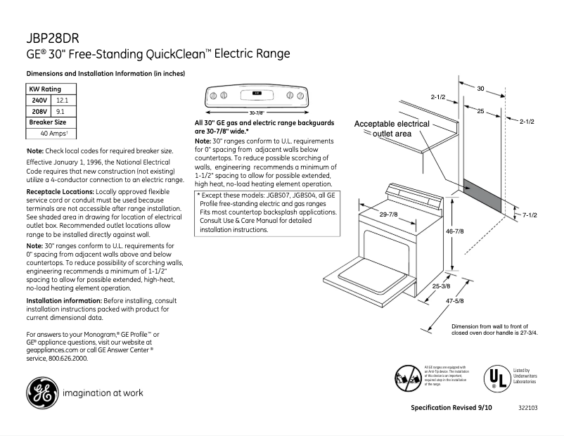 Page n°1 - Fiche technique GE JBP28DRWW