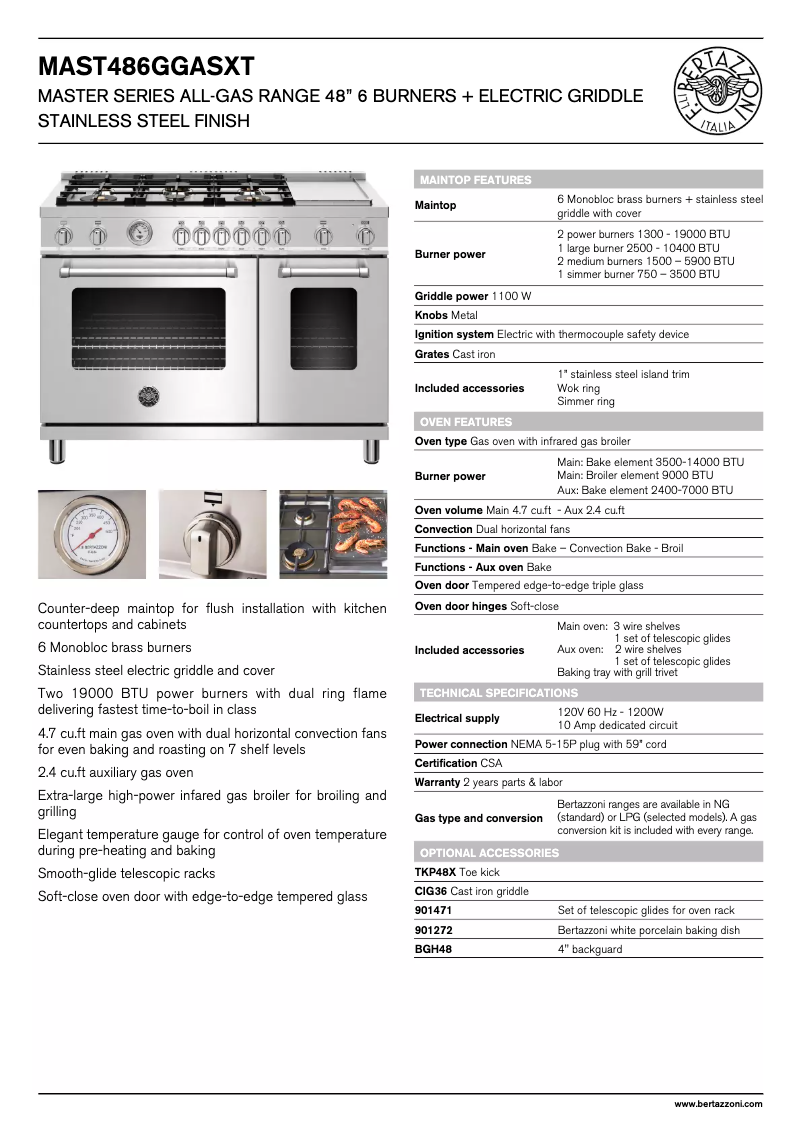 Page 1 de la notice Fiche technique Bertazzoni MAST486GGASXELP