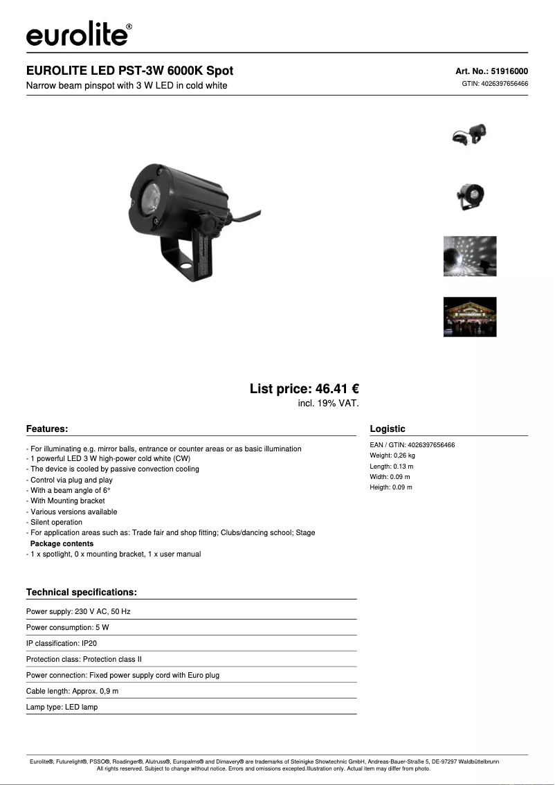 Page n°1 - Fiche technique Eurolite LED PST-3W