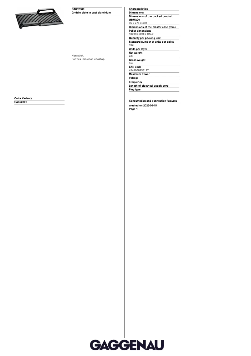 Page 1 de la notice Fiche technique Gaggenau CA052300