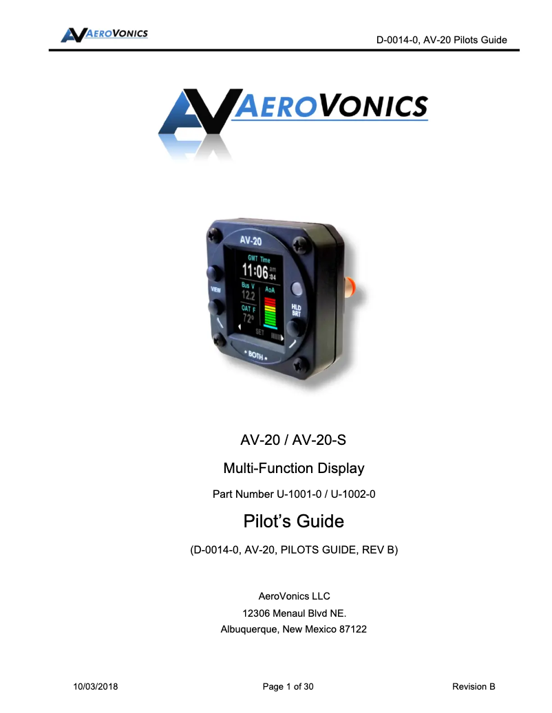 Page 1 de la notice Manuel utilisateur uAvionix AV-20-S
