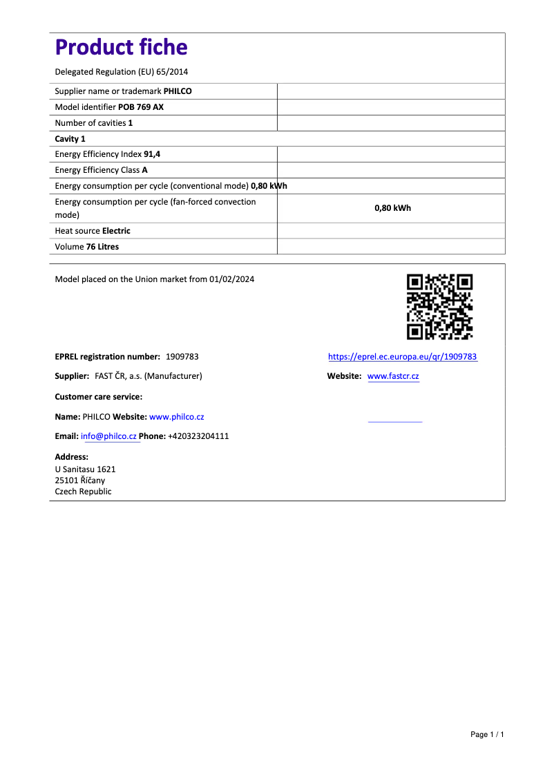 Page 1 de la notice Fiche technique Philco POB 769 AX