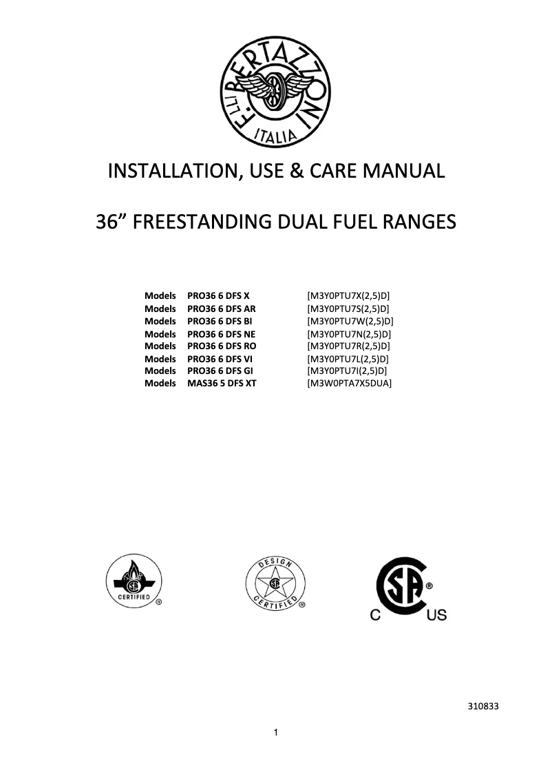 Page 1 de la notice Manuel utilisateur Bertazzoni PRO36 6 DFS X