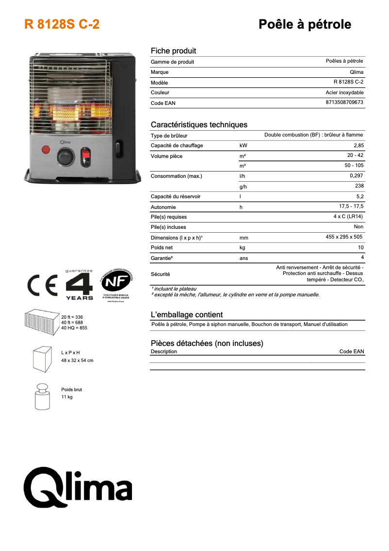 Page 1 de la notice Fiche technique Qlima R8128SC-2
