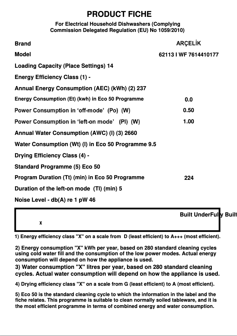 Page n°1 - Fiche technique Arçelik 62113 I WF