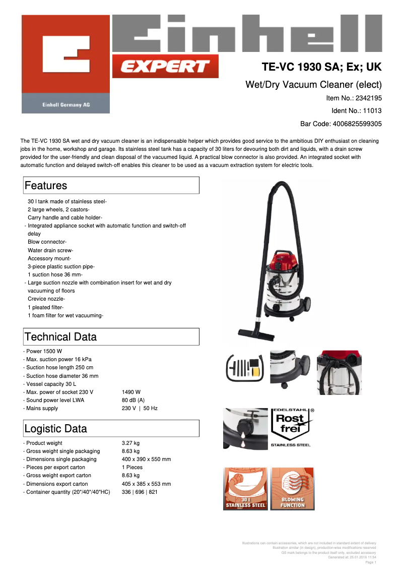 Página 1 del manual Ficha técnica Einhell TE-VC 1930 SA