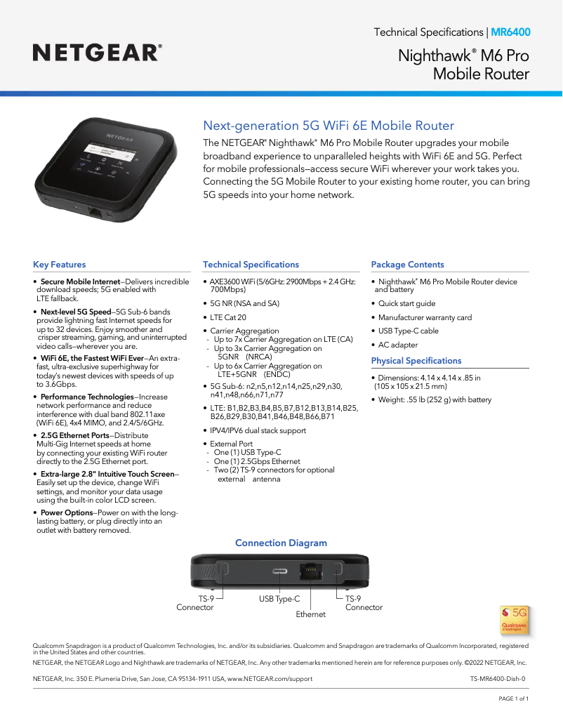 Page 1 de la notice Fiche technique Netgear Nighthawk M6 Pro MR6400