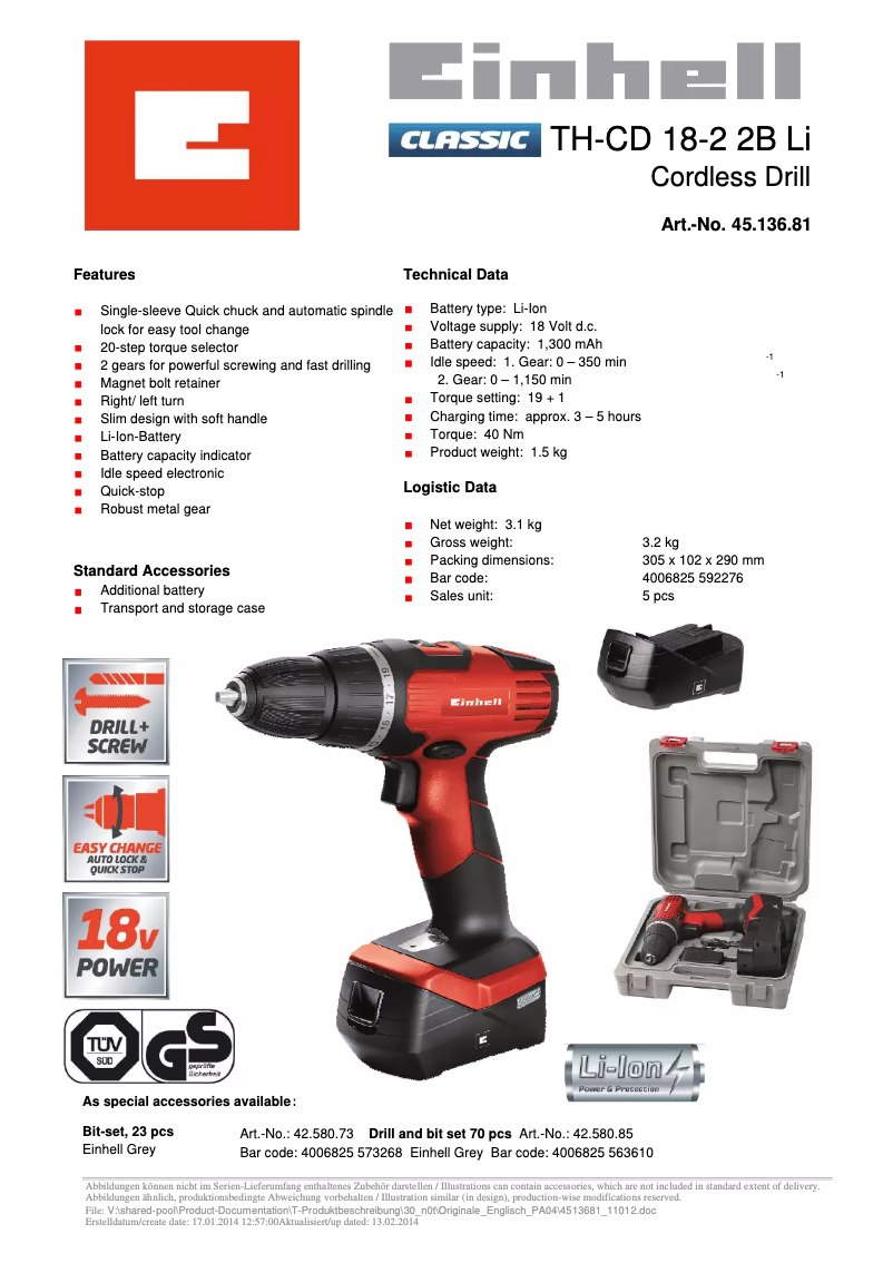 Page n°1 - Fiche technique Einhell TH-CD 18-2 2B Li