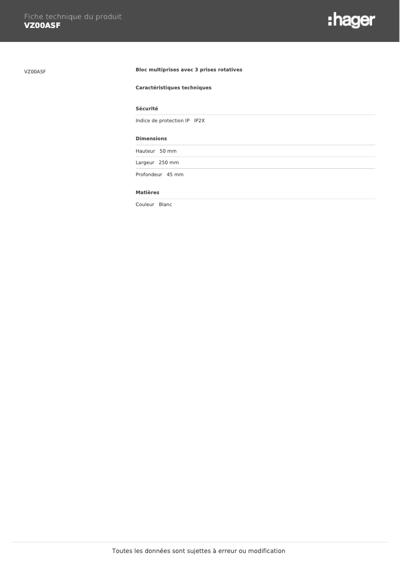 Page 1 de la notice Fiche technique Hager VZ00ASF