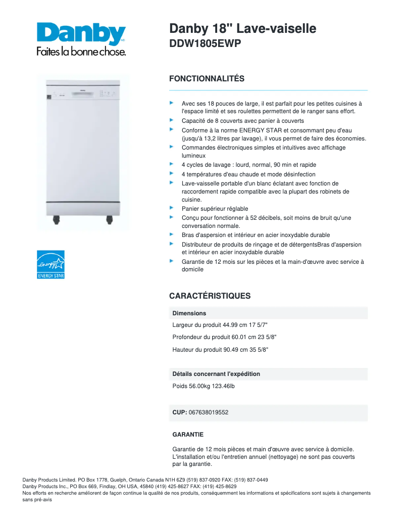 Página 1 del manual Ficha técnica Danby DDW1805EWP