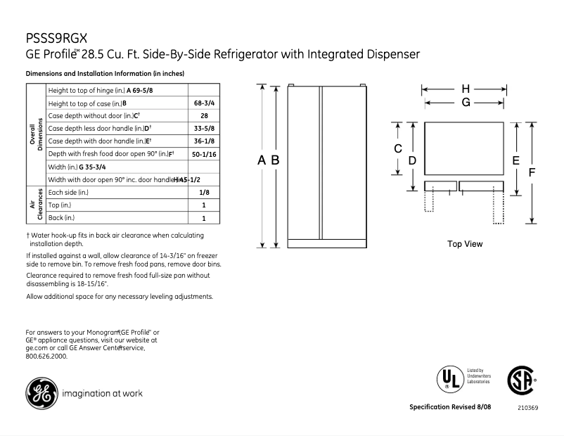 Page 1 de la notice Fiche technique GE Profile PSSS9RGXSS