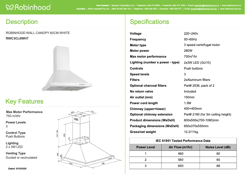 Página 1 del manual Ficha técnica Robinhood RWC3CL6WHT