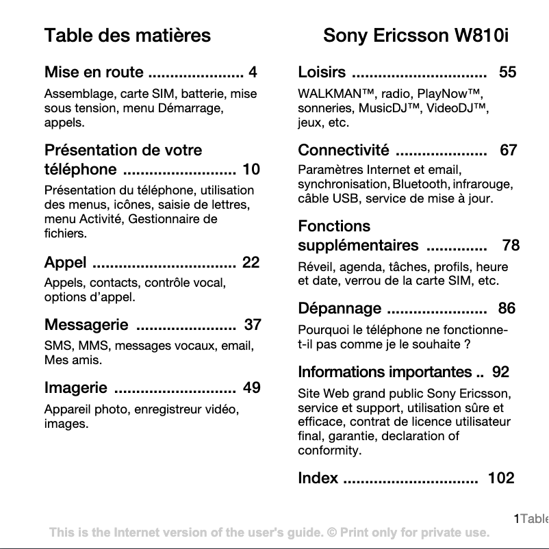 Page 1 of the manual User Manual Sony Ericsson W810i
