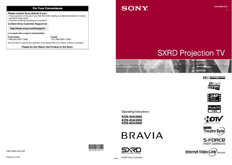 Page n°1 - Manuel utilisateur Sony Bravia KDS-55A3000