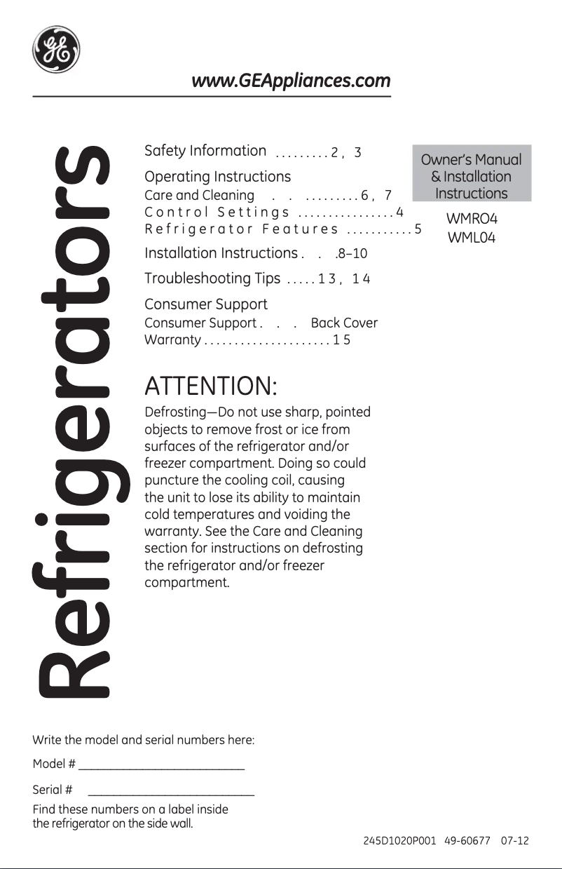 Page 1 de la notice Guide d'installation GE WMR04GADBB