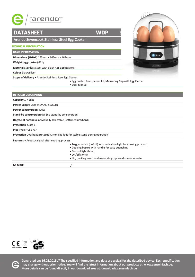 Page 1 de la notice Fiche technique Arendo Sevencook 305919