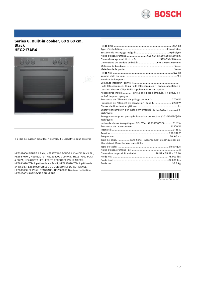 Page 1 de la notice Fiche technique Bosch HEG217AB4