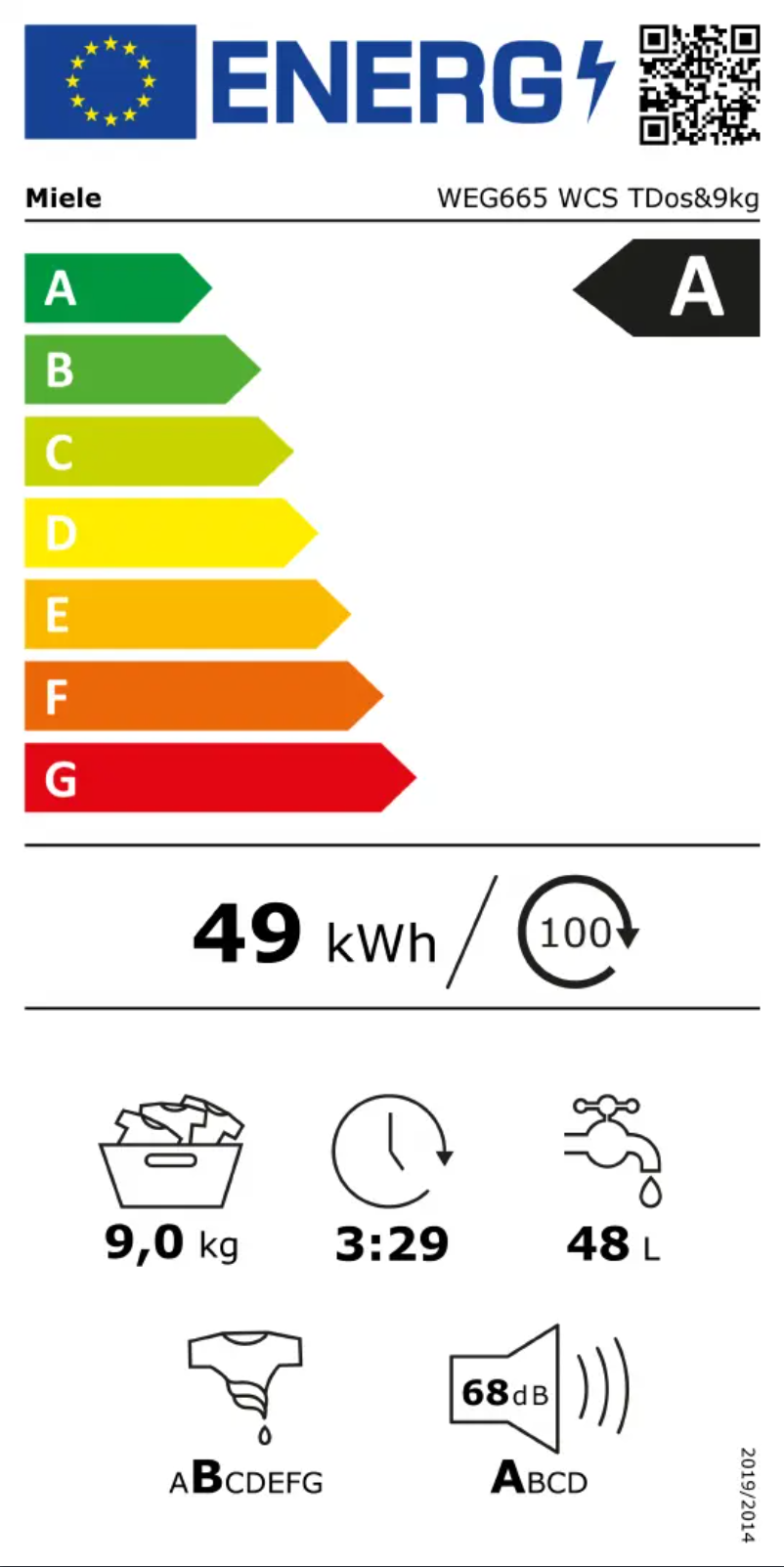 Page n°1 - Label énergétique Miele WEG 665 WCS TDos & 9kg