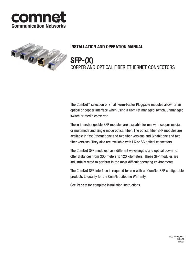 Page n°1 - Manuel utilisateur ComNet SFP-BXU