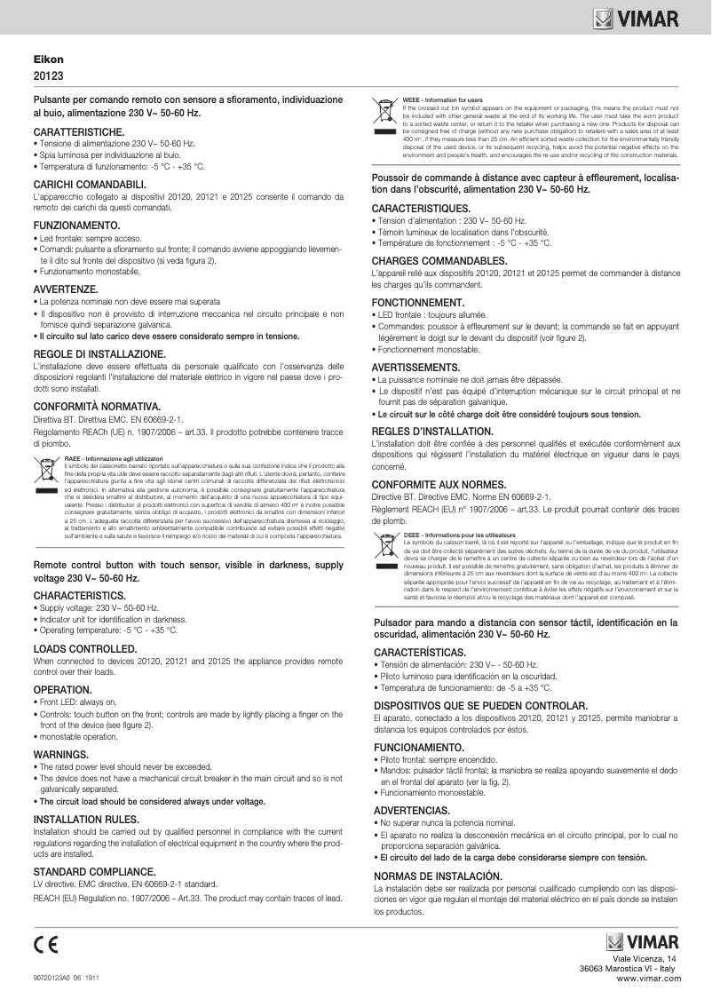 Page n°1 - Manuel utilisateur Vimar 20123