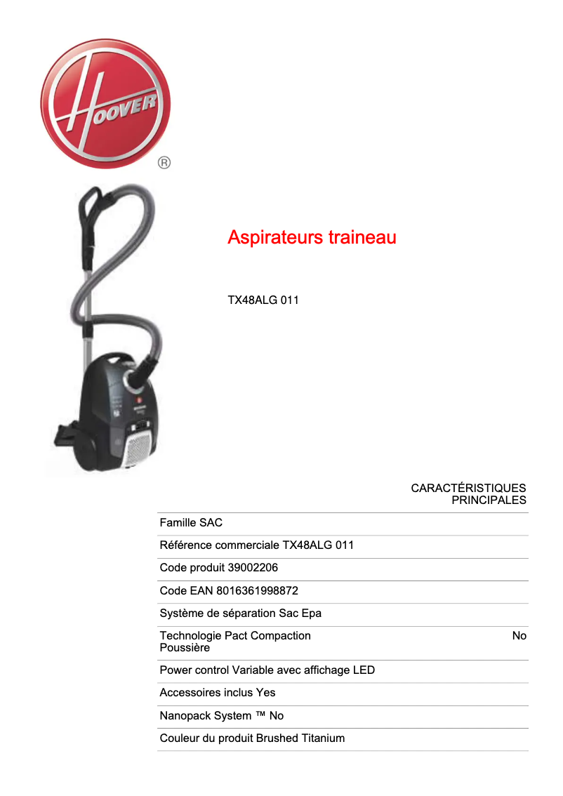 Página 1 del manual Ficha técnica Hoover Telios Extra TX48ALG 011