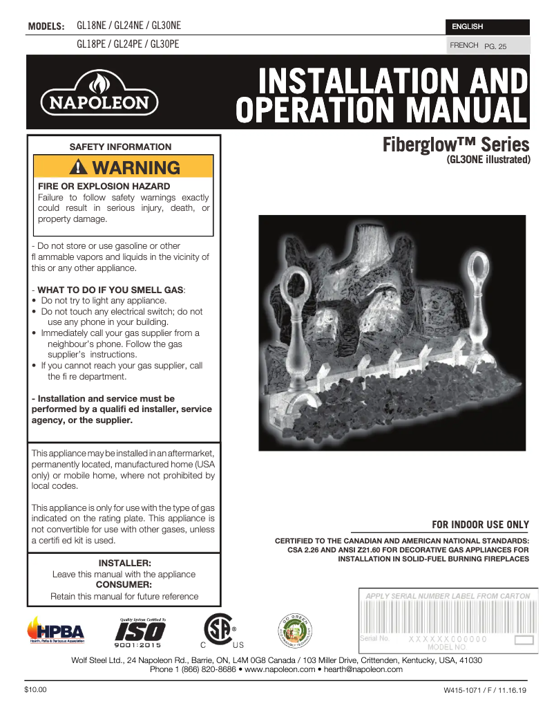 Página 1 del manual Manual de usuario Napoleon Fiberglow 30