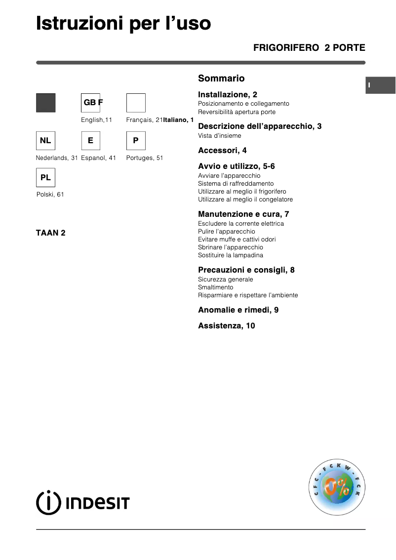 Page n°1 - Manuel utilisateur Indesit TAAN 2