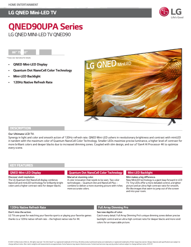 Page 1 de la notice Fiche technique LG 75QNED90UPA