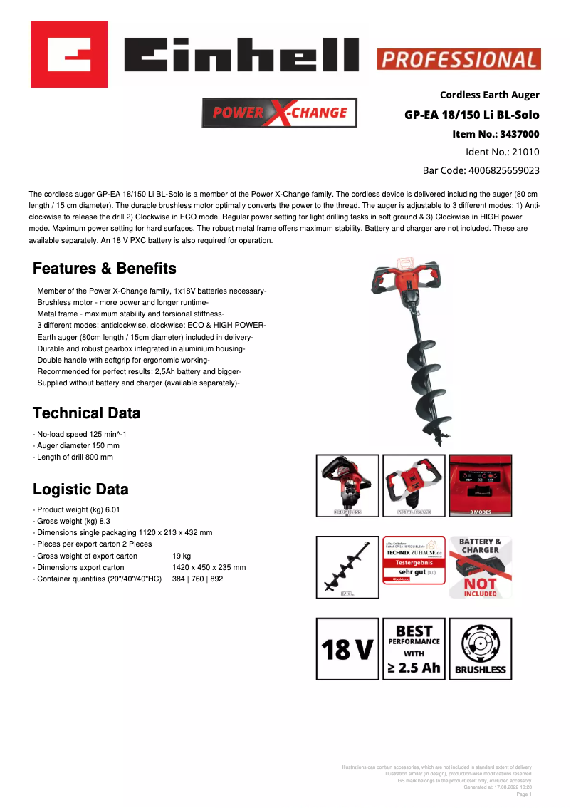 Página 1 del manual Ficha técnica Einhell GP-EA 18/150 Li BL-Solo