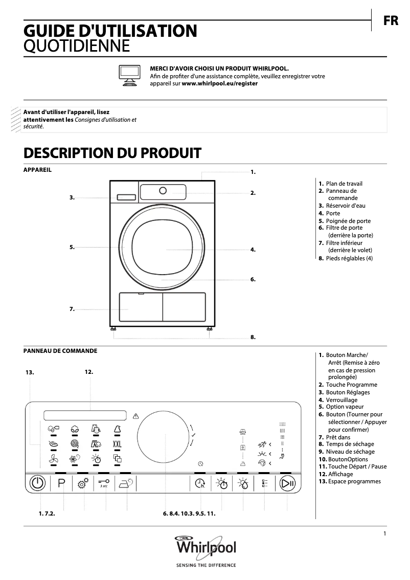 Page 1 de la notice Mode d'emploi Whirlpool HSCX 90532