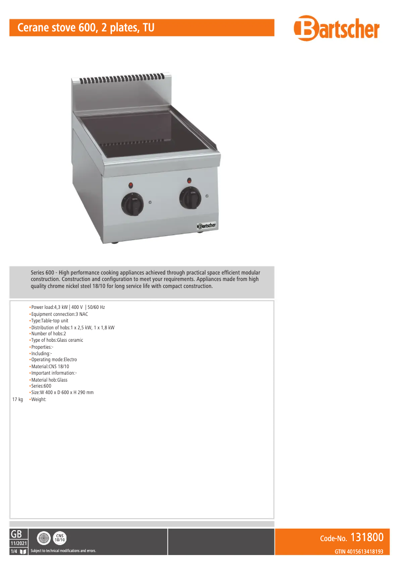 Página 1 del manual Manual de usuario Bartscher 131800