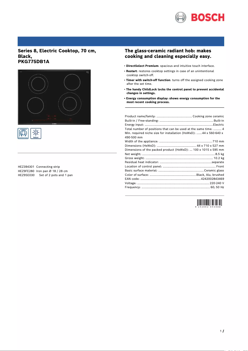 Page 1 de la notice Fiche technique Bosch PKG775DB1A