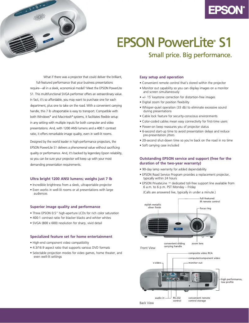 Page 1 de la notice Brochure Epson PowerLite S1