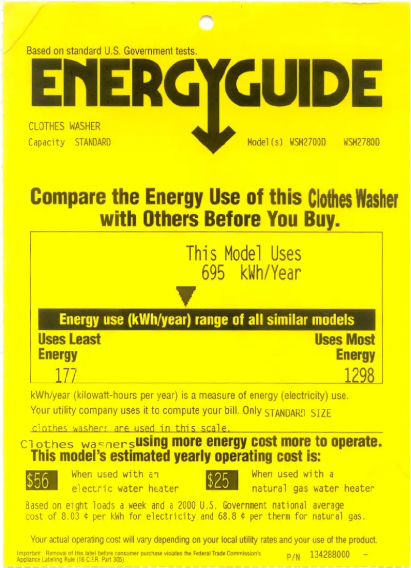 Page 1 de la notice Label énergétique GE WSM2700DWW
