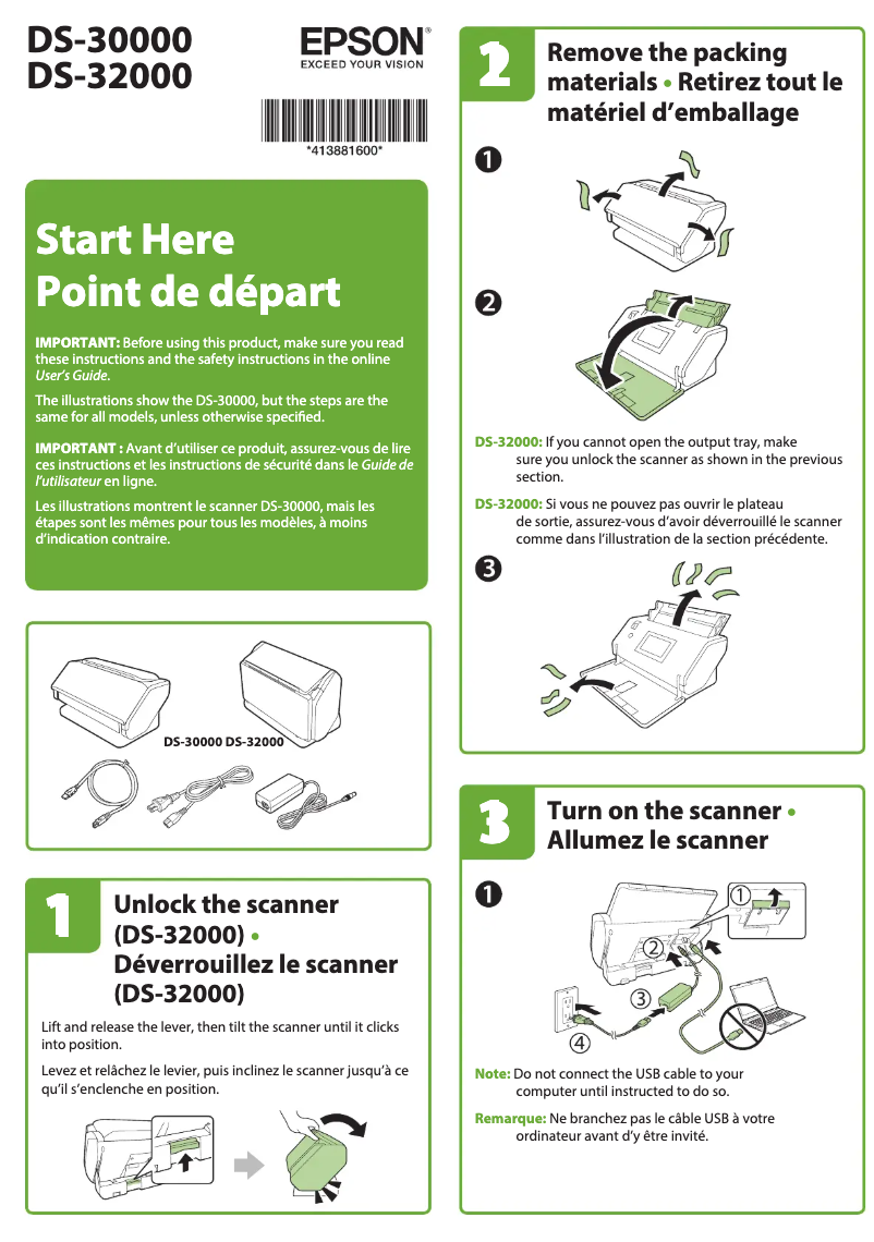Page 1 de la notice Guide d'installation Epson WorkForce DS-30000